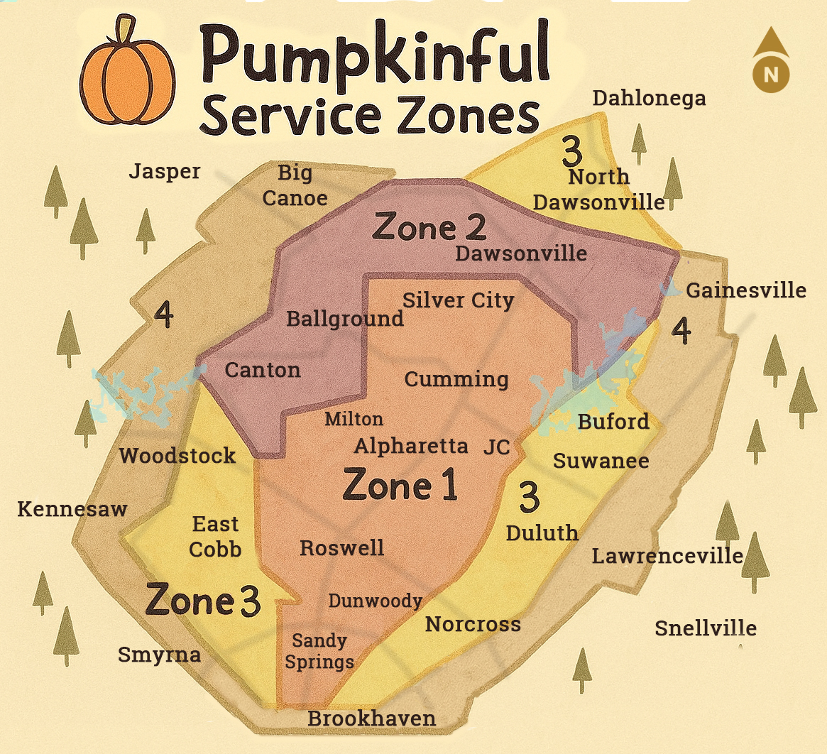Map of North Metro Atlanta including Forsyth County, East Cobb and Cherokee where pumpkins are delivered
