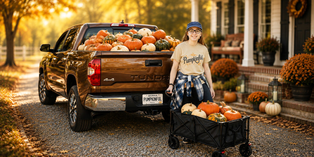 Pumpkinful Porch Designs pumpkin delivery service with a truckload of pumpkins and wagon for custom fall porch decorating in North Atlanta, Georgia.