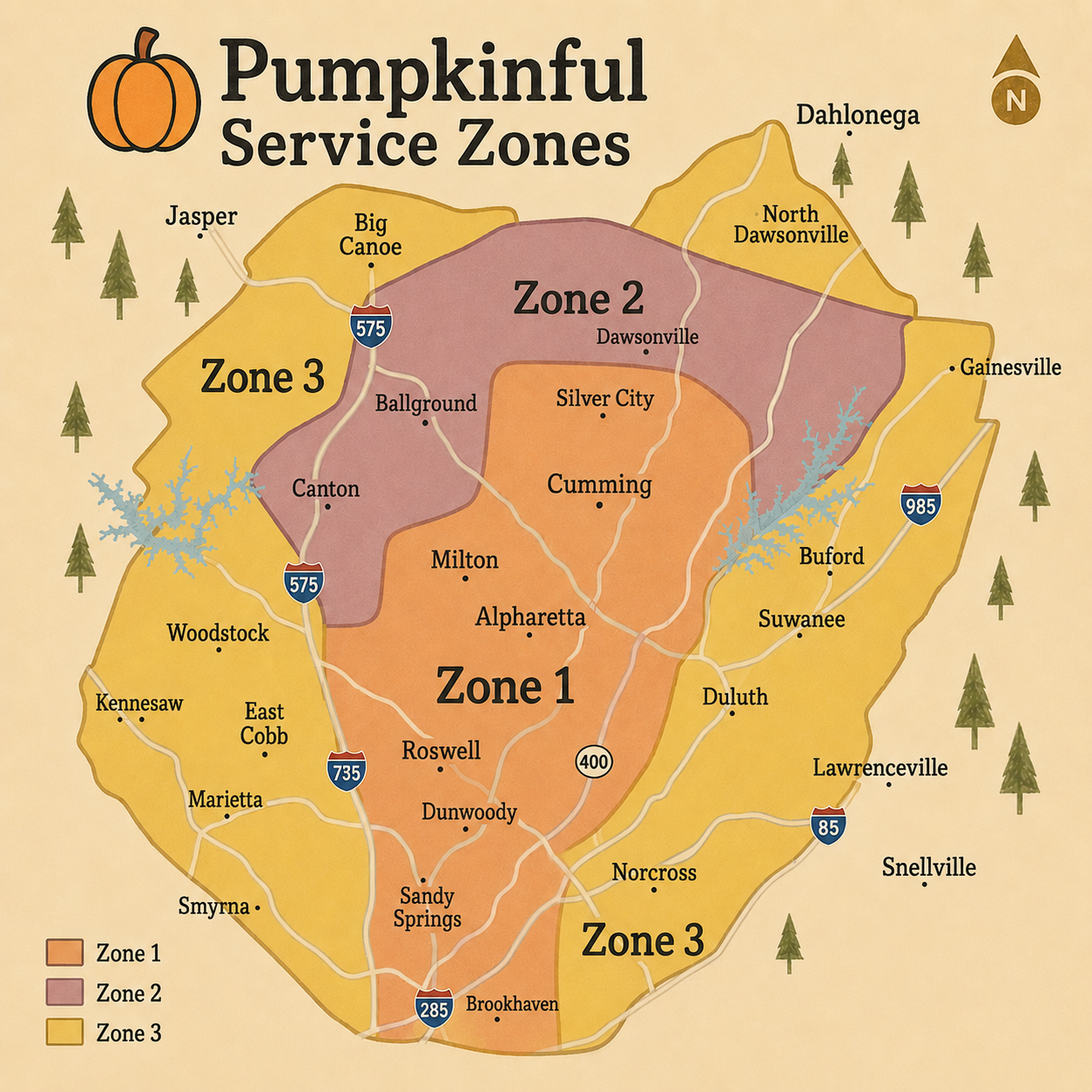 Pumpkinful pumpkin delivery and porch decorating service zones in Cumming, Alpharetta, Milton, Roswell, Johns Creek, Dunwoody, Brookhaven and North Atlanta, Georgia.