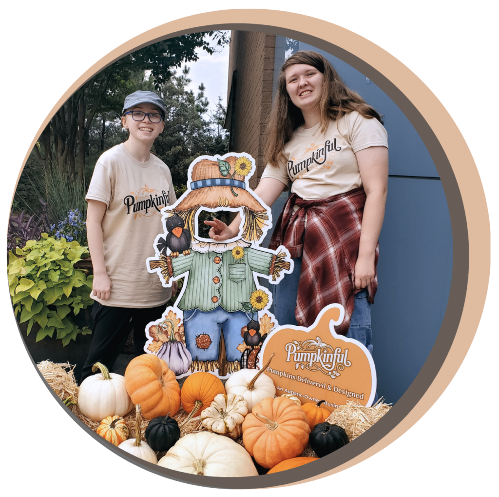 Savannah working alongside an autistic team member at Pumpkinful Porch Designs, supporting inclusive employment through pumpkin delivery and fall porch decorating.