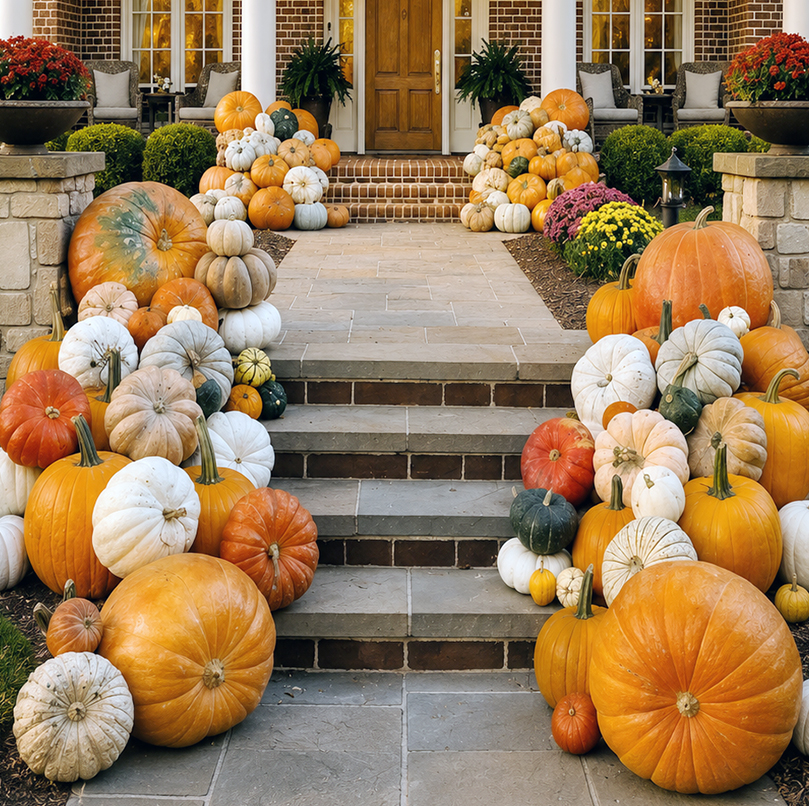 Luxury fall pumpkin porch display with heirloom pumpkins cascading along the steps of an elegant brick home.